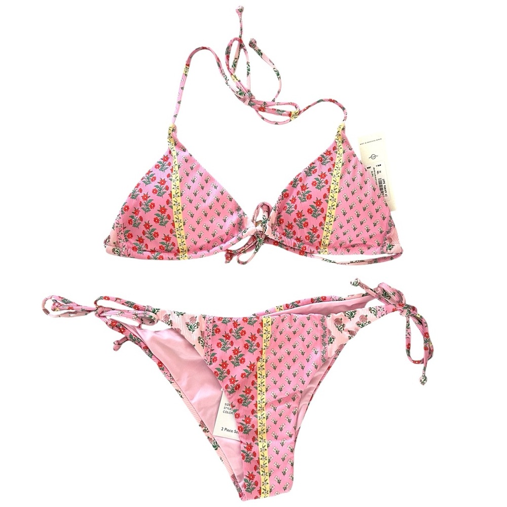 Phax Pink Floral Triangle Bikini Top Euro Side Tie Cheeky Rushed Bottoms M NWT